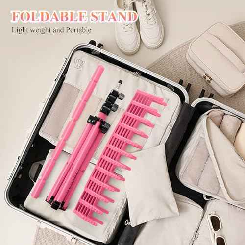 JANMPASK Braiding Hair Rack Height Adjustable 144 Pegs Braiding Rack Hair Extension Holder with Hair Braid Tools, Easy to Assemble (pink)