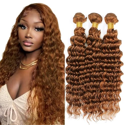 Augfst Brazilian Virgin Human Hair Bundles Color 30 Light Brown Deep Wave Bundles Human Hair 16 18 20 Inch Inch 12A Unprocessed Sewn In Quick Weave for Black Women