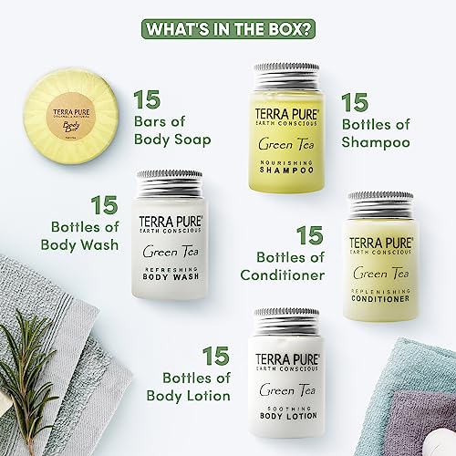 Terra Pure Hotel Soaps and Toiletries Bulk Set | 1-Shoppe All-In-Kit Amenities for Hotels | 1oz Hotel Shampoo & Conditioner, Body Wash, Body Lotion & 1.25oz Bar Soap Travel Size Toiletries | 75 Pieces