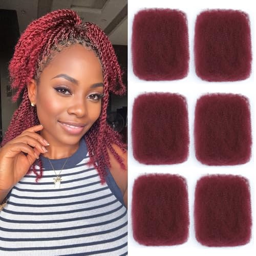 Afro Kinkys Bulk Human Hair 14 Inch Afro Kinky-Curly Human Hair Bulk for Twist Dreadlock Extensions Locs Repair Soft 4C Curly for Braids 6 Bundles 90 Gram Burgundy#