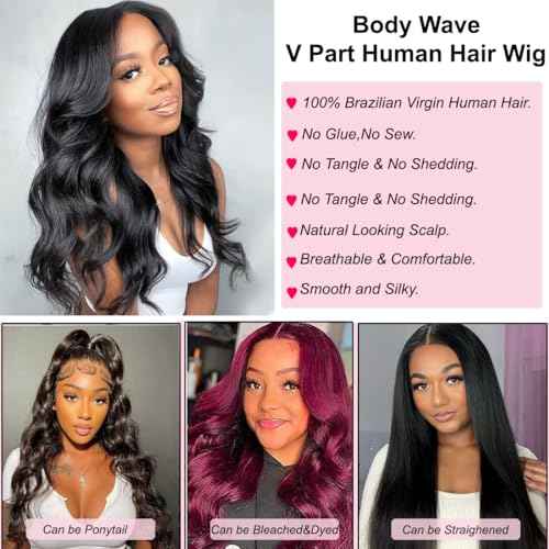 V Part Wig Human Hair 18 inch Upgrade U Part Wigs Body Wave for Black Women Beginner Friendly No Sew In and No Leave Out Glueless Brazilian Virgin Hair Wig Natural Black Color 180% Density
