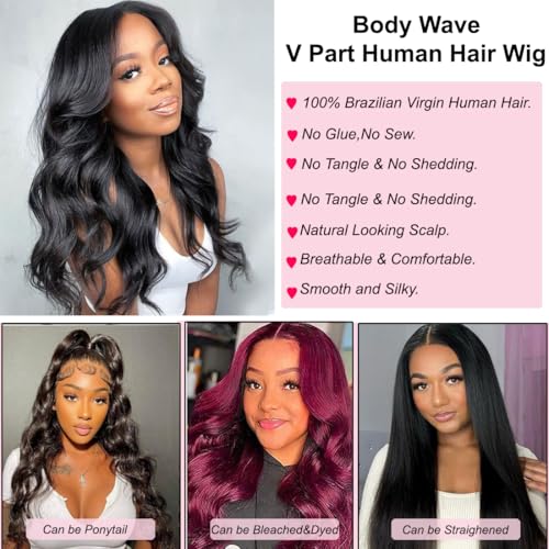 V Part Wig Human Hair 20 inch Upgrade U Part Wigs Body Wave for Black Women Beginner Friendly No Sew In and No Leave Out Glueless Brazilian Virgin Hair Wig Natural Black Color 180% Density