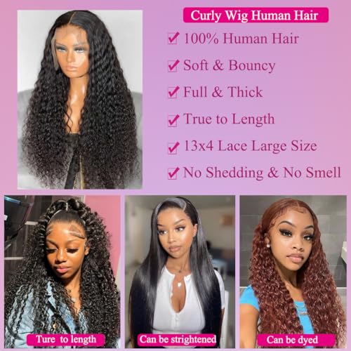 13x4 Deep Wave Lace Front Wigs Human Hair Pre Plucked 180% Density 9A Glueless Wigs Human Hair Wet and Wavy Wigs for Women HD Transparent Deep Curly Lace Front Wigs Human Hair 22 Inch