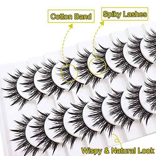 Losha Eyelashes Wispy Wet Look Manga Lashes Natural Look 18mm Spiky Anime Fake Eyelashes 10 Pairs Handmade Faux Mink Lashes Pack (02)