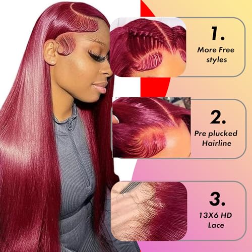 99j Burgundy Straight Wig Human Hair 13x6 Hd Lace Front Human Hair Wigs For Black Women Glueless Lace Front Wigs Pre Plucked 180% Density 22 Inch