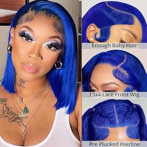 13x4 Lace Front Wigs Human Hair HD Lace Frontal Wig Human Hair Pre Plucked Glueless Blue Bob Wigs 180% Density 12 Inch Straight Dark Blue Short Bob Wigs for Black Women