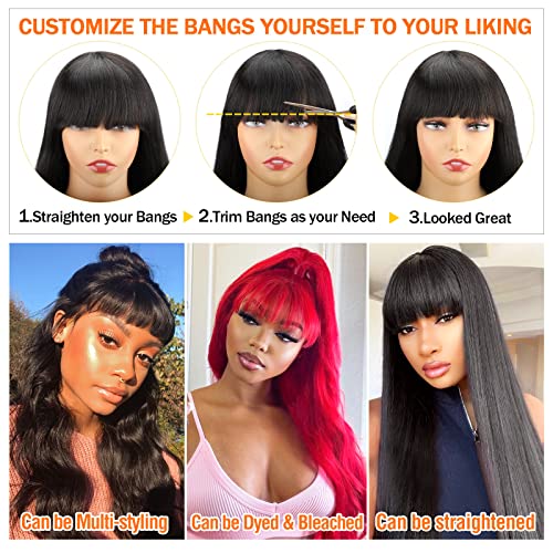 Lativ Body Wave Wigs with Bangs Human Hair Wigs for Black Women None Lace Front Wigs 150% Density Brazilian Virgin Hair Glueless Machine Made Wig Natural Color(20 Inch, Body Wave)