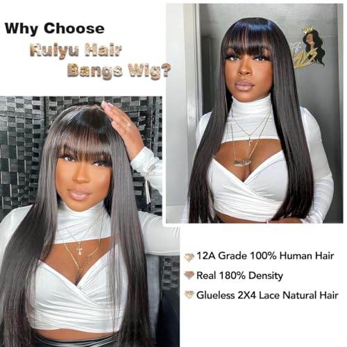 Ruiyu Straight Human Hair Wigs with Bangs 180% Density 2x4 Lace Front Wigs with Bangs Closure Wear and Go Glueless Wigs 100% Brazilian Virgin Human Hair Wigs for Women 16 Inch