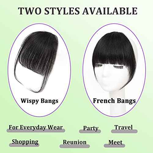 100% Human Hair Clip in Bangs,Women Air Thinning Curtain Flat Natural Black Bangs, Natural Curved Wispy Bangs,Real Human Hair Faux fake Bangs(Wispy Bangs,Natural Black)