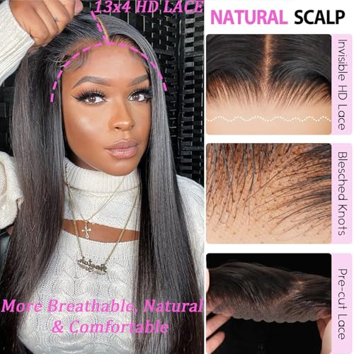 Amella Wear and Go Glueless Wigs Human Hair Pre Plucked Pre Cut 16 Inch 200% Density 13x4 Hd Lace Closure Wigs Human Hair Glueless Wigs for Black Women Glueless Pre Cut Pre Plucked Bleached Knots Wig