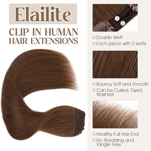 Elailite Clip in Hair Extensions Real Human Hair Double Weft Thick 8pcs Weft Medium Brown 16 Inch 130g Remy Hairpieces Balayage Full Head Straight for Women