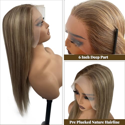 Highlight Lace Front Wigs Human Hair Ombre 13x6 Straight HD Lace Front Wig Light Brown to Brown with Ash Blonde Glueless Lace Frontal Wig for Women 180% Density Pre Plucked with Baby Hair 16 Inch