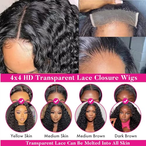 Josblue Deep Wave Lace Front Wigs Human Hair Wigs for Black Women 180% Density 4X4 HD Transparent Lace Closure Human Wigs for Black Women Glueless with Baby Hair Natural Color