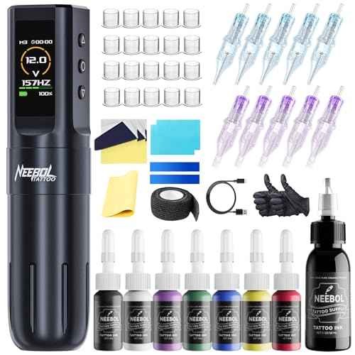 Neebol Tattoo Gun Kit, Wireless Tattoo Machine Kit with LED Display, Complete Tattoo Kit Includes 10 Cartridge Needles, Ink Set, Practice Skin, 1600mAh Tattoo Power