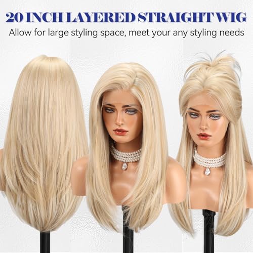 HAIRCUBE 13X6 HD Synthetic Lace Front Glueless Wig, 24 Inch Blonde Highlight Layered Wig, Natural Density Hairline Human-Like Wigs for Women