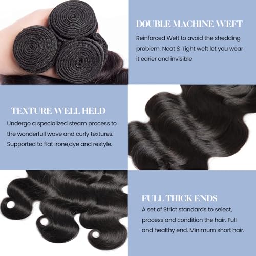 Body Wave Human Hair Bundles with Closure (12 14 16+10) 100% Unprocessed Brazilian Virgin Human Hair Weave Extensions 3 Bundles with 4x4 HD Transparent Lace Clsoure