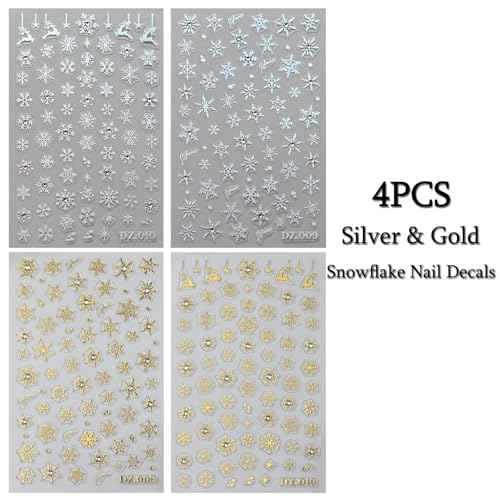 Christmas Snowflake Nail Art Stickers Gold Silver Snowflake Nail Decals with Rhinestones Design 3D Self Adhesive Nail Art Supplies Winter Shiny Snowflake Nail Sticker for Women Nail Art Decor, 4PCS