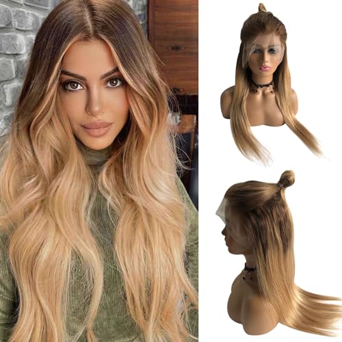 13x6 Ombre Blonde Lace Front Wigs Human Hair,HD Transparent Brown to Ash Blonde Straight Lace Frotal Human Hair Wig with Brown Roots Pre Plucked Bleached Knots Brazilian Virgin Human Hair Wig