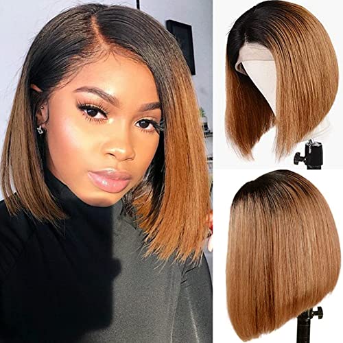 Short Straight Bob Wig 13x4x1 Lace Front Wigs for Black Women Ombre Brown Human Hair 12 Inch 150% Density Brazilian Virgin Bob Wigs Human Hair Pre Plucked with Baby Hair£¨TT1B/30 Color£©