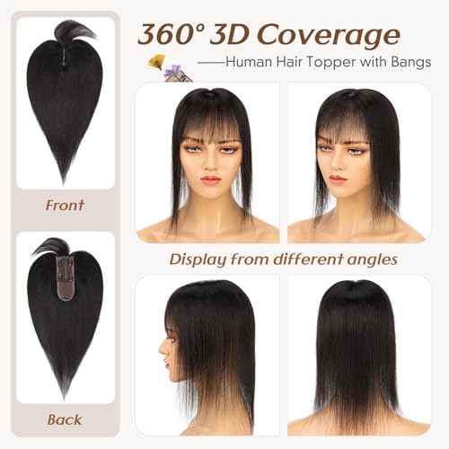 Rich Choices Hair Toppers for Women Real Human Hair 100% Human Hair Toppers for Women Clip in Silk Base Remy Hair Topper 7 Inch onyx