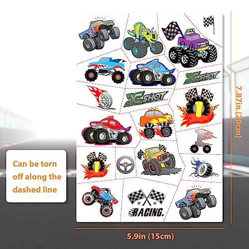 Temporary Tattoos for Kids, 75 PCS Truck Tattoos for Hot Wheel Birthday Party Decoration Favor, Metallic Tattoos, Monster Truck, Car Racing, Checkered Flag, Flames Tattoo for Boys Girls
