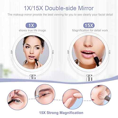 Vanity Makeup Mirror with Stand, 1X/15X Magnification Double Sided 360 Degree Swivel, Portable Table Desk Counter top Magnifying Mirror, Tabletop Bathroom Shaving Mirror, 6.25 Inch