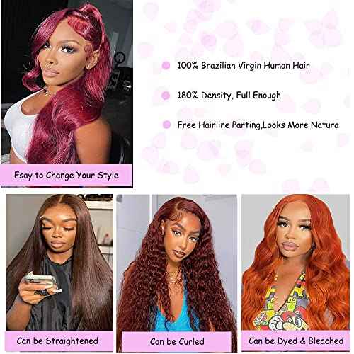 Burgundy Red Body Wave 13x4 HD Lace Front Glueless Wigs, 16-24 inch, 150% Density, Human Hair, Wavy, Curly, Modern Wavy, Glueless, Heat Resistant, Natural, Women's Wig