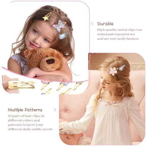 CWJCYTNSN 30 PCS Glitter Hair Clips for Girls Kids Snap Hair Clips Barrettes Sparkly Cute Hair Accessories for Little Girls Flower Butterfly Crown Hair Clip for Birthday Party Gifts