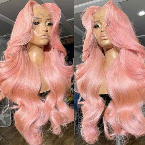 ANDRIA 13x4 HD Lace Front Wigs 28 Inches Pink Body Wave Long Glueless Lace Frontal Wigs Pre-plucked Hairline Synthetic Lace Front Wig With Baby Hair Heat Resistant Fiber Hair Wigs For Women