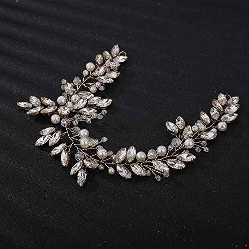 Teyglen Wedding Bride Rhinestones Pearls Crystal Headband Hair Vine Handmade Bridal Headband Wedding Hair Accessories for Brides Hair Pieces Headpieces for Women(Gold)