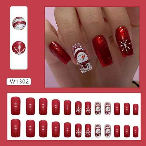 Christmas Press on Nails Long Square Fake Nails Red Nails Press ons with Snowman,Snowflake Designs Reusable Artificial Nail Full Cover Glossy Glue on Nails Stick on Nails for Women Manicure 24 Pcs