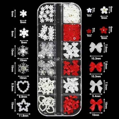 Christmas Nail Charms - 3D Bow Nail Charms, Pearls, Red & Green Nail Rhinestones, Santa, Snowman, White Snowflake, Metal Caviar Beads, with Kit, for Nail Art, Gift
