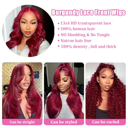 99j Burgundy Lace Front Wigs Human Hair 13x4 HD Transparent Body Wave Lace Front Wigs Human Hair Pre Plucked 180% Density Glueless Red Human Wigs for Women (24 Inch)