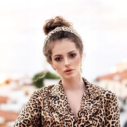 Headbands for Women Leopard Print Knotted Cloth Top Knot Headband for Women Non Slip 4PCS Beige Brown Fashion Accessories
