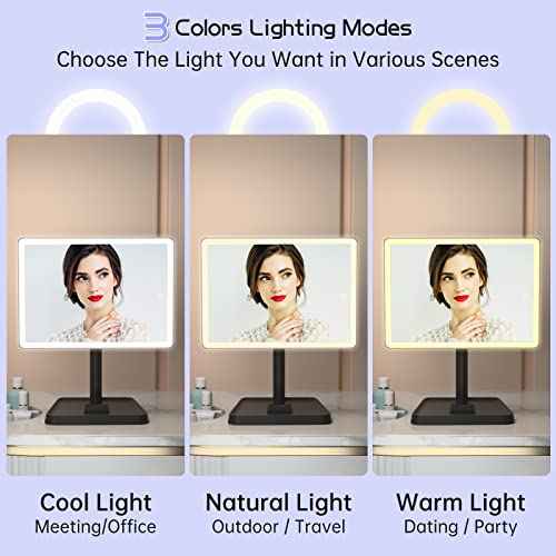 FUNTOUCH Rechargeable Makeup Vanity Mirror with Lights, Large Lighted Desk Makeup Mirror with 96 LED Lights and 10x Magnifying, 3 Color Lighting, Make up Light Mirror with Phone Holder