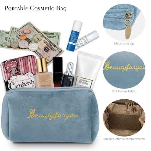 Velvet Makeup Bag, Portable Zipper Make Up Pouch, Cute Small Cosmetic Bag, Flannel Toiletry Bag, Travel Storage Bag Gifts for Women Girls(Blue)