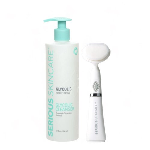 Serious Skincare Glycolic Acid Face Wash Cleanser 12 oz. + Ultrasonic Facial Cleansing Brush Tool for Women & Men, Gentle, Creamy, Oil Free + Skin Retexturizing Formula, Makeup +Blackhead Remover