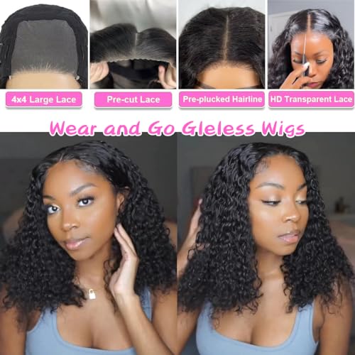 Wear and Go Glueless Wigs Human Hair Pre Plucked Pre Cut Deep Wave Curly Bob Wig Human Hair Lace Front Wigs for Black Women 4x4 Lace Closure Human Hair Bob Wigs Glueless 16 Inch