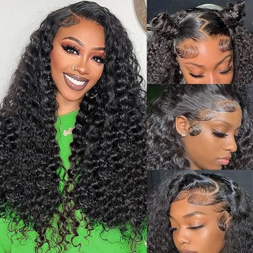 SQU&CIR Deep Wave Lace Front Wigs Human Hair Wigs 180% Density 13x4 HD Transparent Deep Curly Lace Frontal Wigs Human Hair Pre Plucked with Baby Hair for Women (20 Inch)
