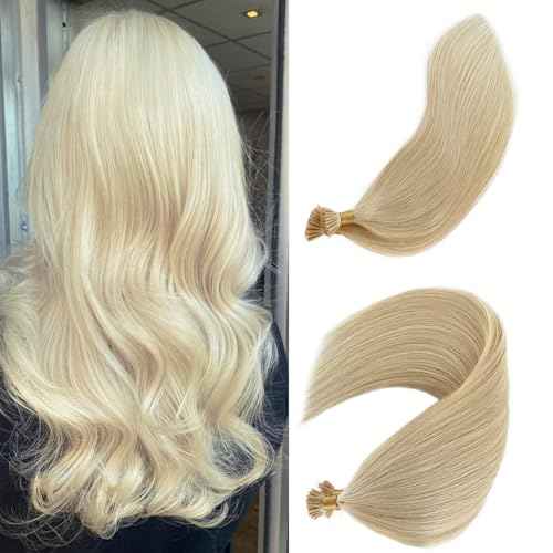 I Tip Human Hair Extension Platinum I Tips Real Hair Extensions for Women 50s 50g Keratin Cold Fusion Pre Bonded Itip Blonde Hair Extensions 22 Inch Silky Straight for Blonde Hair