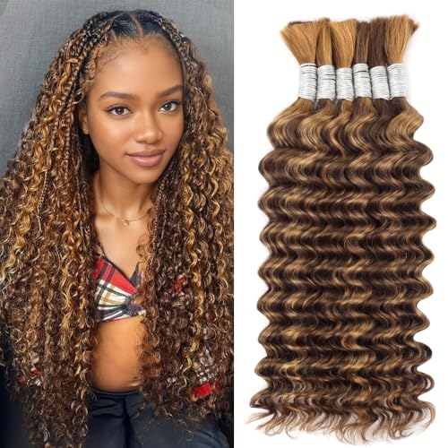 Ombre Braiding Hair Deep Water Wave Bulk Human Hair 18 Inch 6 Bundles/Pack 150g No Weft Curly Human Hair for Boho Braids Hair Extensions Knotless 12A Virgin Ombre Balayage 4/27