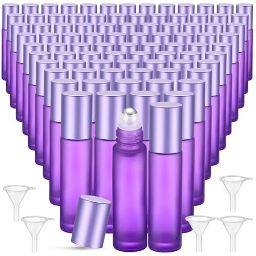 Sumind 150 Pcs Frosted Glass Roller Bottles Essential Oil 10 ml Empty Roll on Bottles with Stainless Steel Balls Leak Proof with 5 Funnel for Travel Essential Oil Perfume(Frosted Purple)