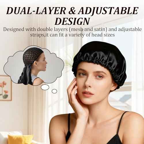 2 in 1 Wrap Cap Bonnet ? Adjustable Hair Wrap Net & Scarf for Silk Press, Extra Long Hair Bonnet Wrap Cap for Curly & Braided Black