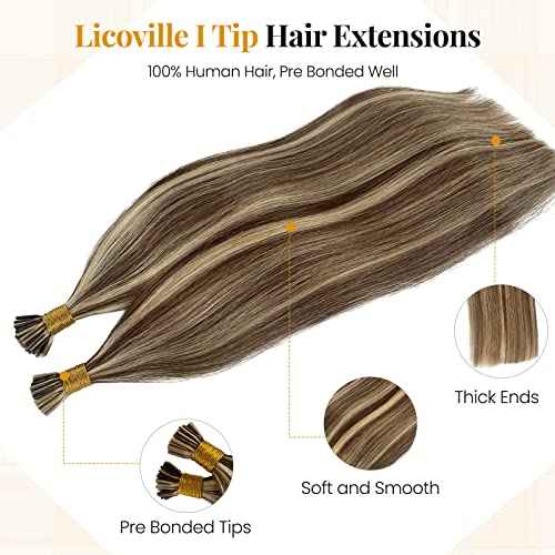 Hair Extensions Real Human Hair I Tip Extensions Bleach Blonde Highlighted Medium Brown Human Hair Extensions for Women 24 Inch Long Straight Brown and Blonde I Tips 50s 50g