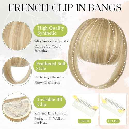 Bangs Hair Clip in Bangs, French Light Blonde Mix Bleach Blonde Fake Bangs Hair Clip on Bangs for Women Fringe with Temples Hairpieces Faux Bangs for Daily Wear