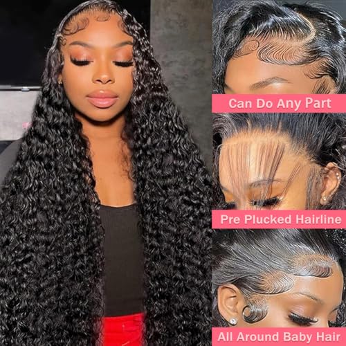 Water Wave HD Lace Front Wigs Human Hair 10A Curly Human Hair 13x4 Transparent Lace Frontal Wigs Pre Plucked Wet And Wavy Wigs Human Hair for Women 180% Density (20Inch, Natural Black)