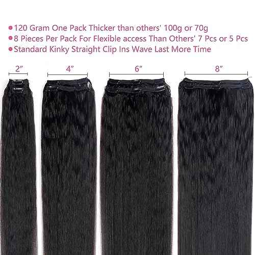 Kinky Straight Clip in Hair Extensions Real Human Hair Clip ins Natural Black Double Weft Clip ins for Women 12 Inch 120g 8pcs Kinky Straight Clip on Extensions Human Hair