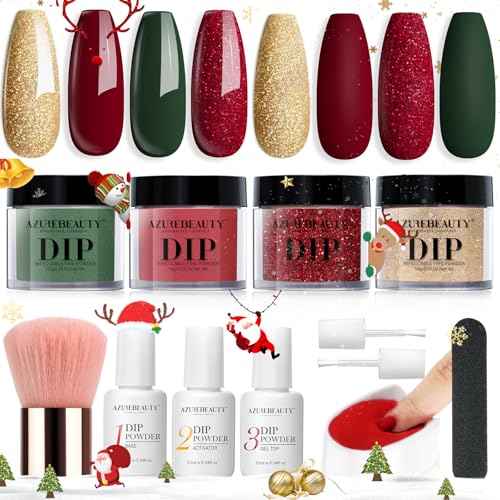 AZUREBEAUTY Christmas Dip Powder Nail Kit, 4 Colors Red Green Gold Glitter Dipping Powder System Liquid Set Recycling Tray, French Nail Art Base & Top Coat Activator DIY Salon.