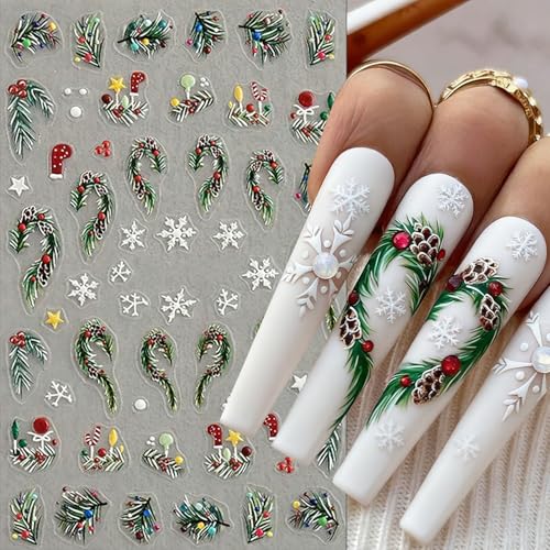 4 Sheets Christmas Nail Art Stickers 5D Embossed Self Adhesive Winter Grass Nail Decals Winter Christmas Tree Elk Snowflake Design Nail Stickers for Women Girls DIY Holiday Manicure Decoration