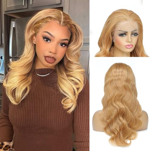 Honey Blonde Lace Front Wig 13x6 HD Lace Front Wigs Human Hair Pre Plucked 27# Blonde Body Wave Lace Wig 180 Density Colored Glueless Frontal Wigs For Black Women Human Hair 13x6 22 Inch